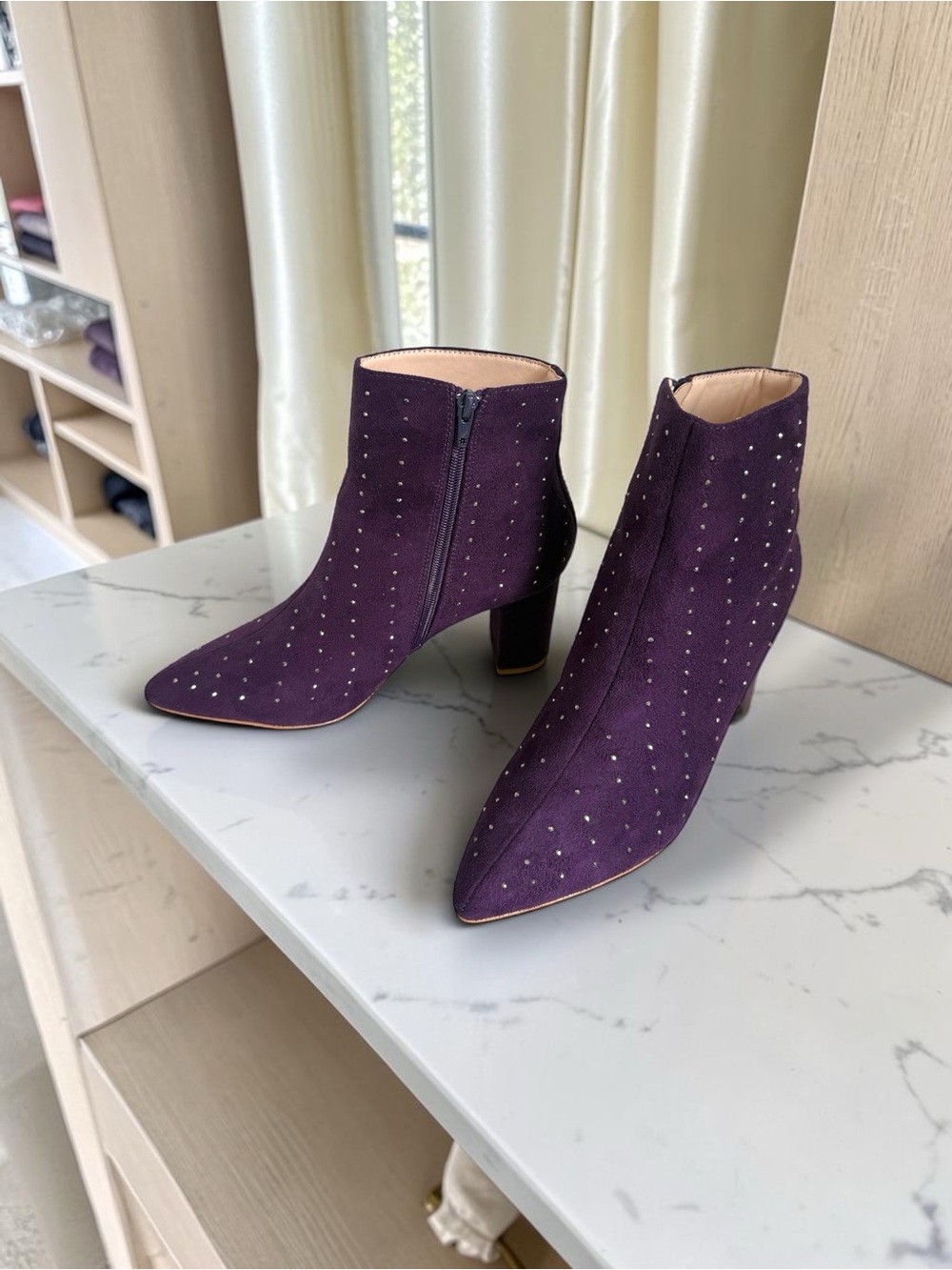 NWT H by Halston Tokyo Bedazzled Suede Ankle Booties Purple Rhinestone Size 10
